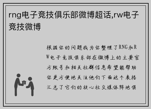 rng电子竞技俱乐部微博超话,rw电子竞技微博